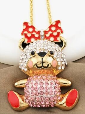 ❣️ NEW Betsey Johnson Gold Crystal Teddy Pendant Necklace with Red Bow ❣️